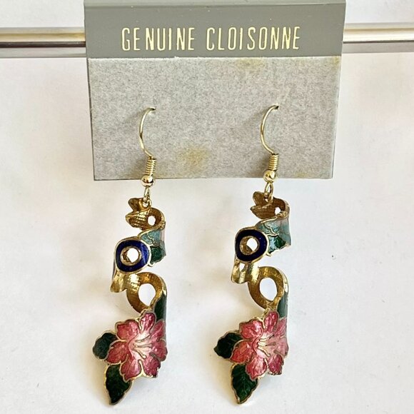 Vintage Red Hibiscus Flower Cloisonne Earrings Enamel Dangle Gold Tone Taiwan - Picture 5 of 11